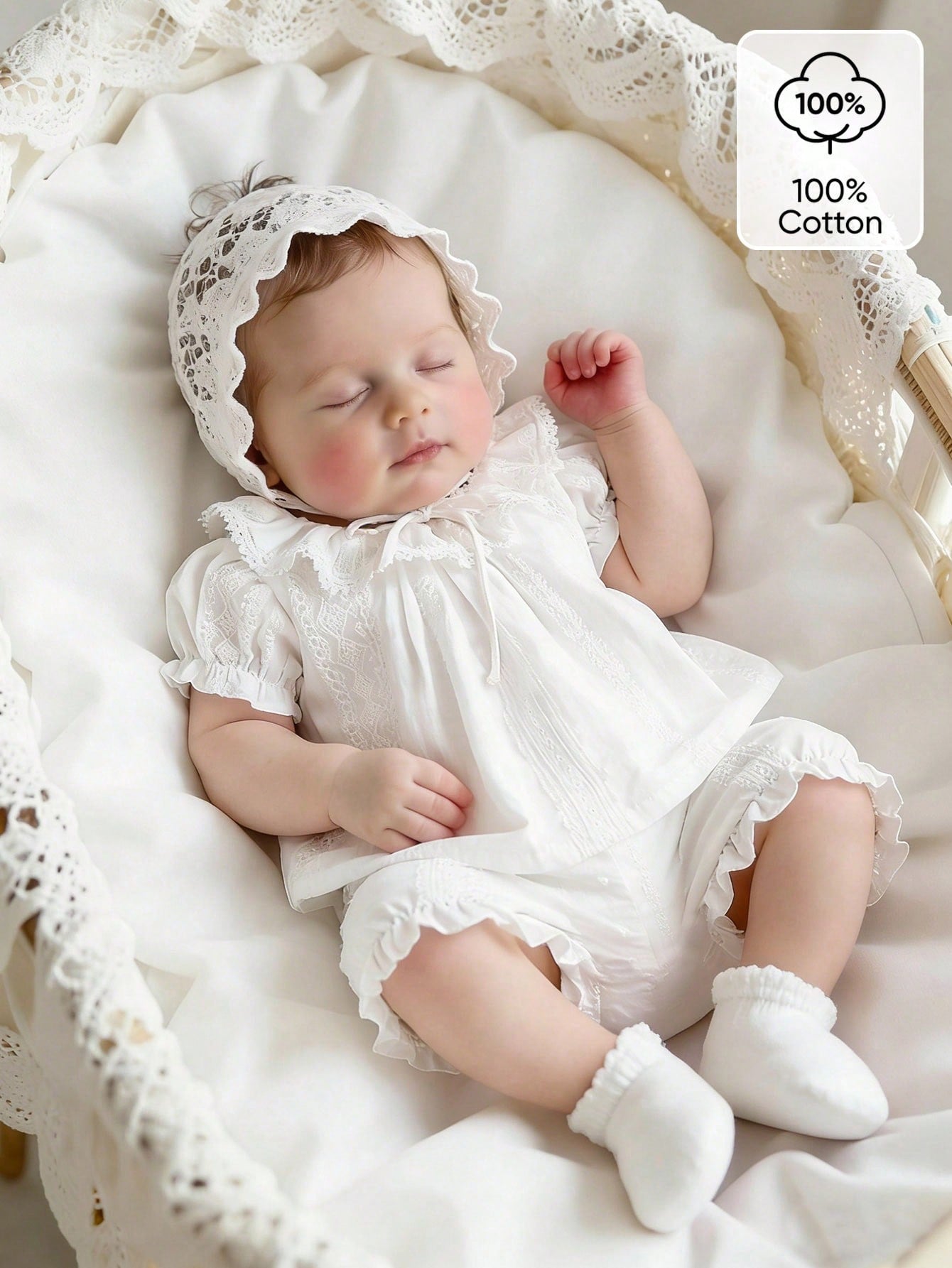 2pcs Newborn Baby Girls White Summer Cute Baby Shower Gift Elegant Ruffle Collar Knit Jacquard Top And Shorts Cotton Set Baptism Christening Outfit