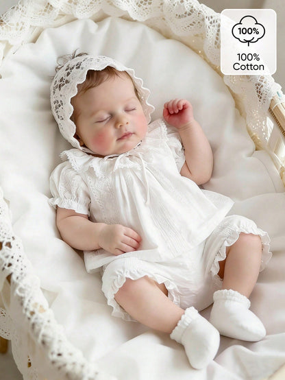 2pcs Newborn Baby Girls White Summer Cute Baby Shower Gift Elegant Ruffle Collar Knit Jacquard Top And Shorts Cotton Set Baptism Christening Outfit