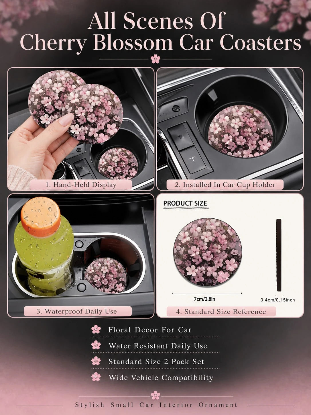 2pcs Peach Blossom Pattern Car Cup Holders, Decorate Vehicle, Protect Interior, Non-Slip Design, Suitable For Most Car Models, Great Gift