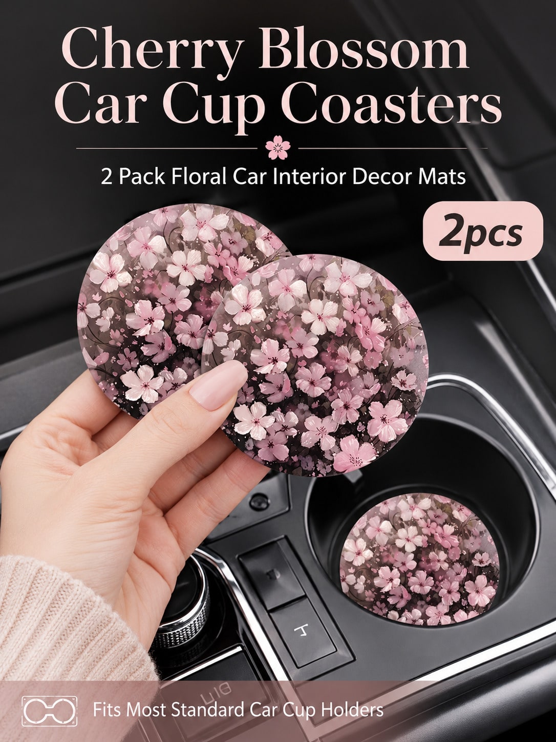 2pcs Peach Blossom Pattern Car Cup Holders, Decorate Vehicle, Protect Interior, Non-Slip Design, Suitable For Most Car Models, Great Gift