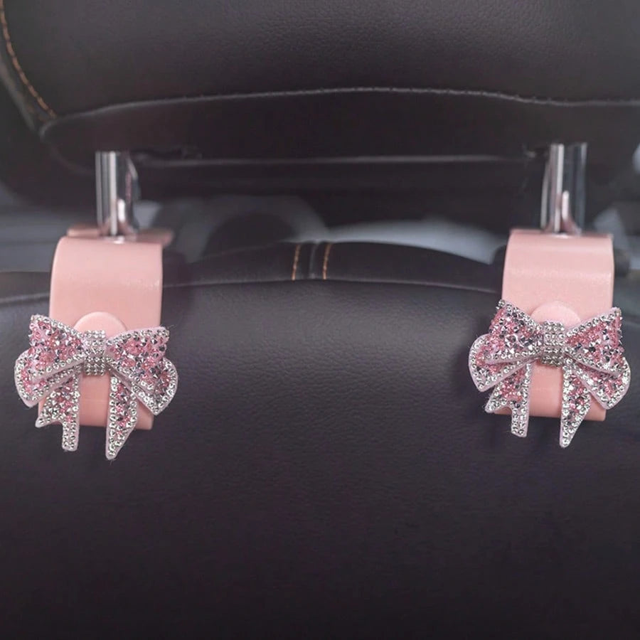 2pcs Rhinestone Bow Car Seat Hooks, Women's Girly Car Backseat Storage Hooks, Car Interior Accessories