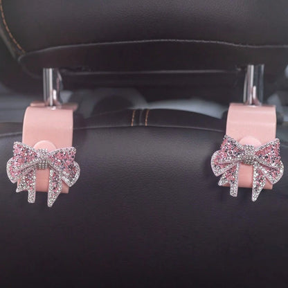 2pcs Rhinestone Bow Car Seat Hooks, Women's Girly Car Backseat Storage Hooks, Car Interior Accessories