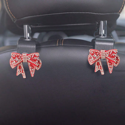 2pcs Rhinestone Bow Car Seat Hooks, Women's Girly Car Backseat Storage Hooks, Car Interior Accessories