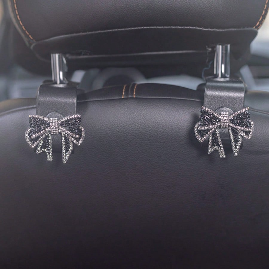 2pcs Rhinestone Bow Car Seat Hooks, Women's Girly Car Backseat Storage Hooks, Car Interior Accessories