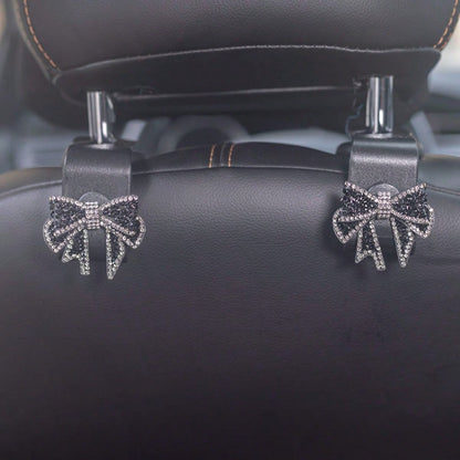2pcs Rhinestone Bow Car Seat Hooks, Women's Girly Car Backseat Storage Hooks, Car Interior Accessories