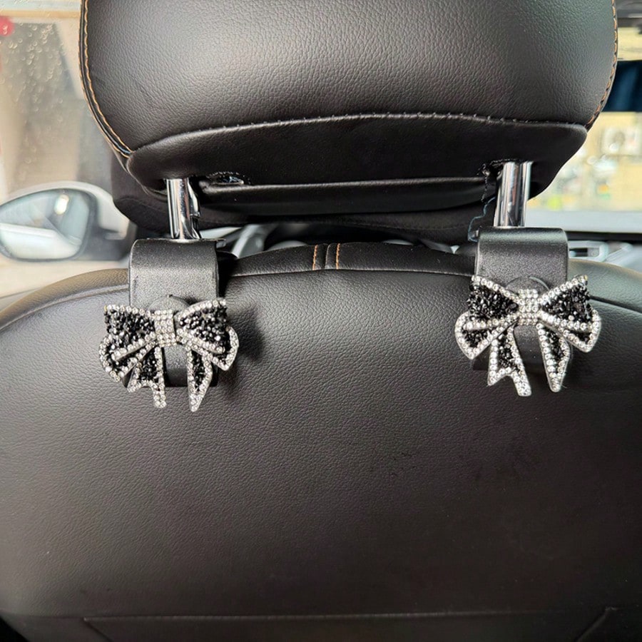 2pcs Rhinestone Bow Car Seat Hooks, Women's Girly Car Backseat Storage Hooks, Car Interior Accessories