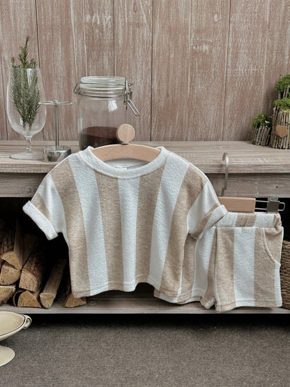 2pcs/Set Baby Boy Casual Brown Striped Knit Short Sleeve T-Shirt + Shorts, Summer