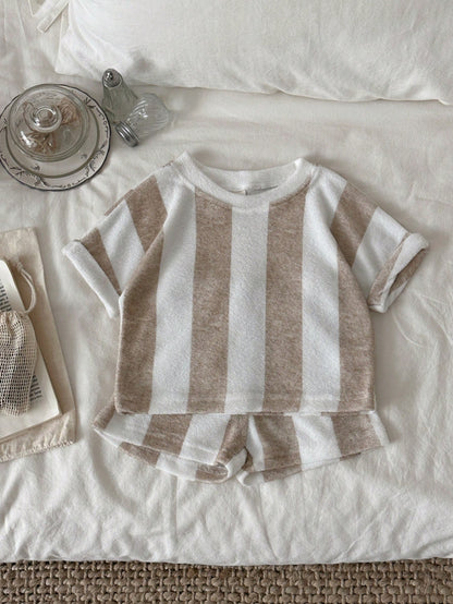 2pcs/Set Baby Boy Casual Brown Striped Knit Short Sleeve T-Shirt + Shorts, Summer