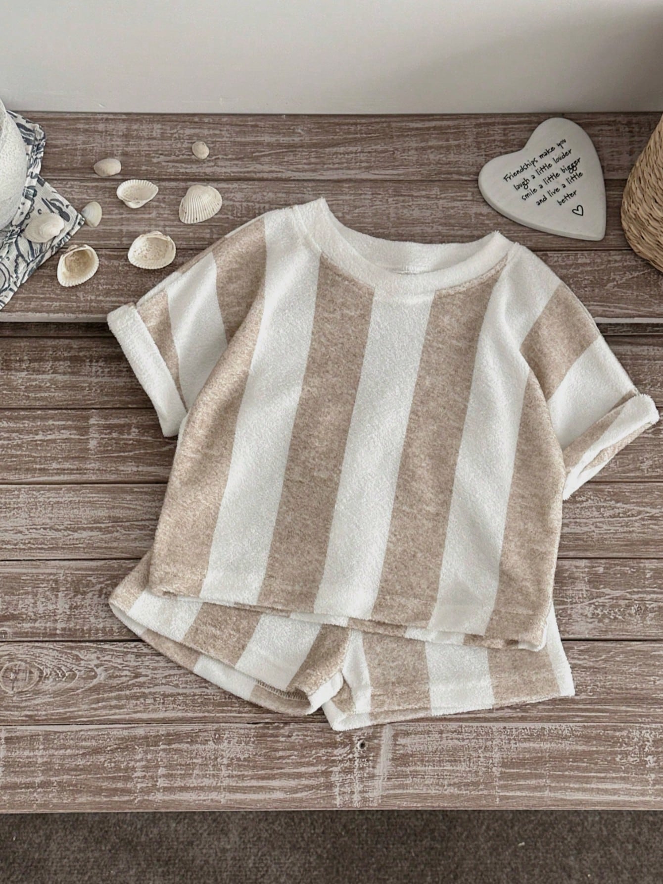 2pcs/Set Baby Boy Casual Brown Striped Knit Short Sleeve T-Shirt + Shorts, Summer