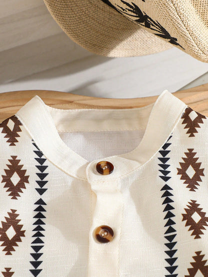 2pcs/Set Baby Boys Print Full Button Short Sleeve Shirt With Textured Striped Fabric, Elastic Waist Solid Color Shorts, Suitable For Casual Daily Wear And Outings
