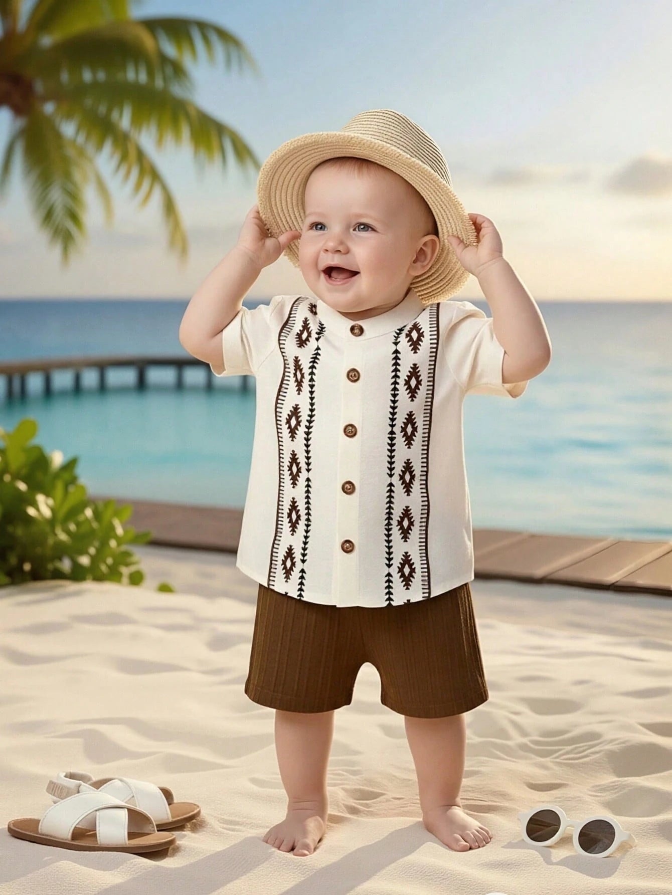 2pcs/Set Baby Boys Print Full Button Short Sleeve Shirt With Textured Striped Fabric, Elastic Waist Solid Color Shorts, Suitable For Casual Daily Wear And Outings