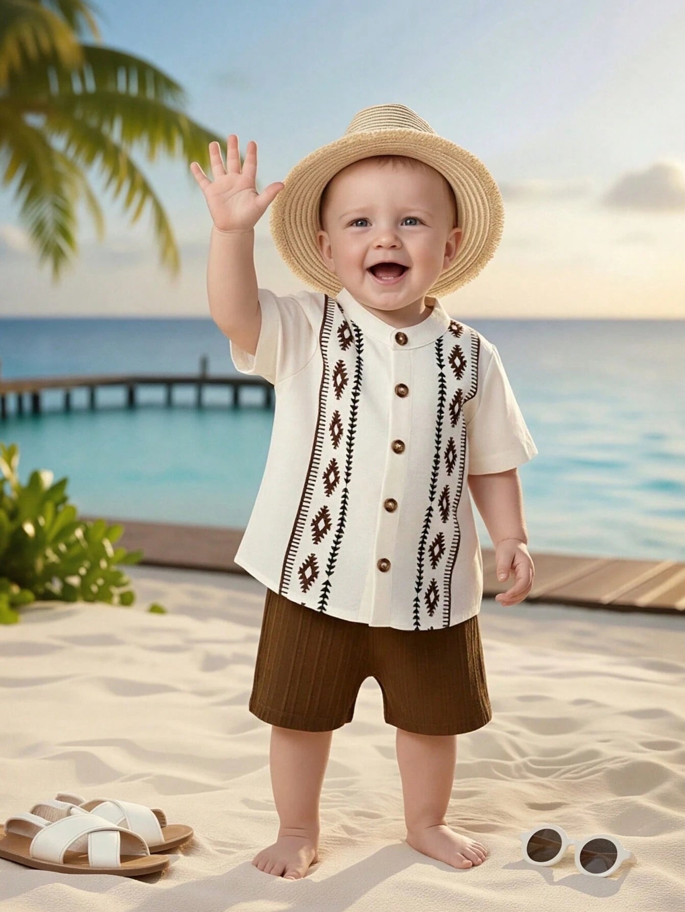 2pcs/Set Baby Boys Print Full Button Short Sleeve Shirt With Textured Striped Fabric, Elastic Waist Solid Color Shorts, Suitable For Casual Daily Wear And Outings