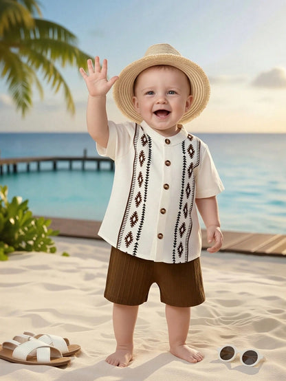 2pcs/Set Baby Boys Print Full Button Short Sleeve Shirt With Textured Striped Fabric, Elastic Waist Solid Color Shorts, Suitable For Casual Daily Wear And Outings