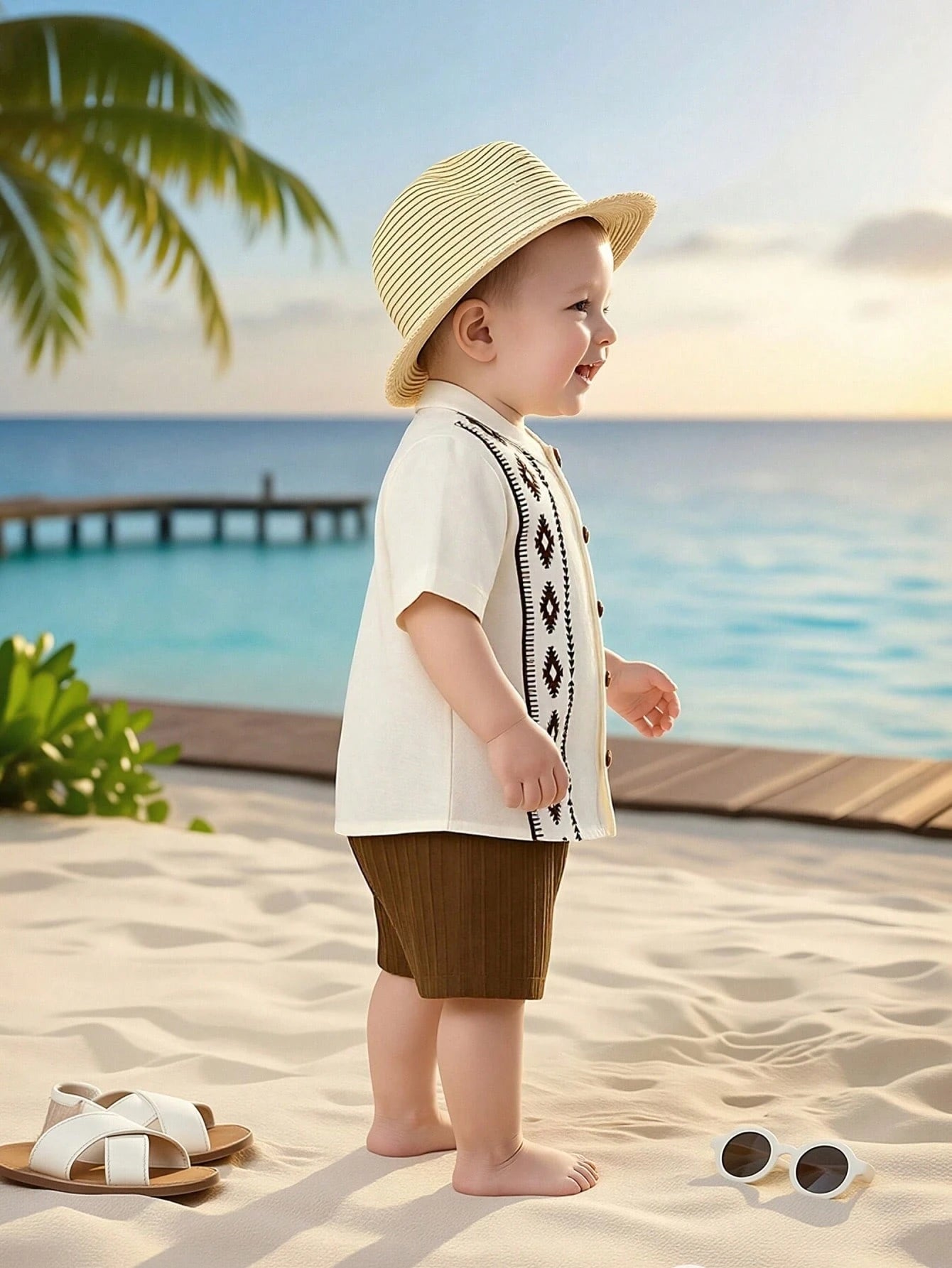 2pcs/Set Baby Boys Print Full Button Short Sleeve Shirt With Textured Striped Fabric, Elastic Waist Solid Color Shorts, Suitable For Casual Daily Wear And Outings