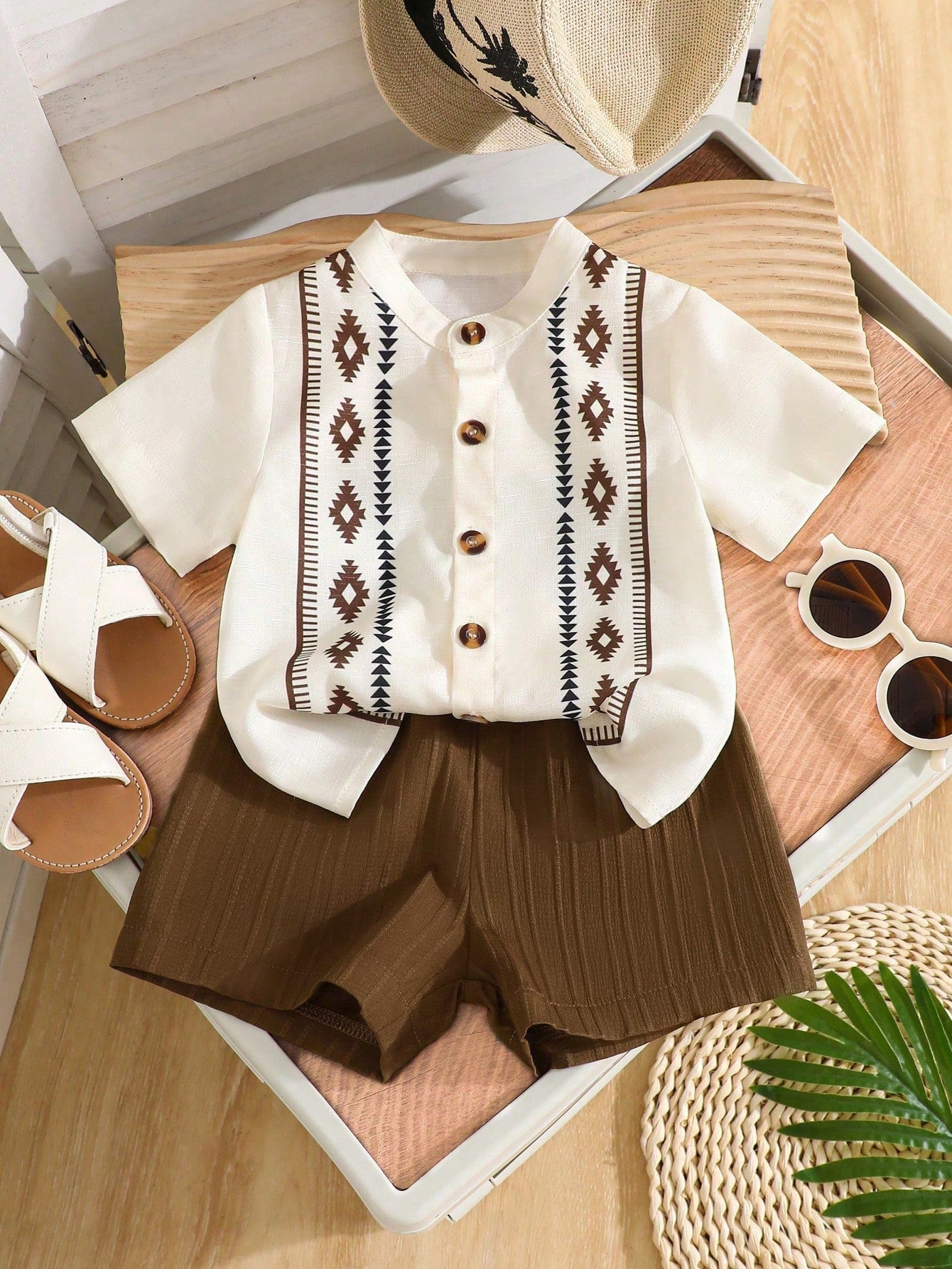 2pcs/Set Baby Boys Print Full Button Short Sleeve Shirt With Textured Striped Fabric, Elastic Waist Solid Color Shorts, Suitable For Casual Daily Wear And Outings