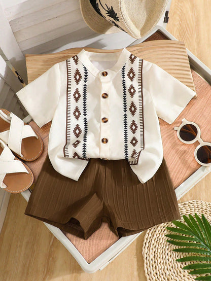 2pcs/Set Baby Boys Print Full Button Short Sleeve Shirt With Textured Striped Fabric, Elastic Waist Solid Color Shorts, Suitable For Casual Daily Wear And Outings