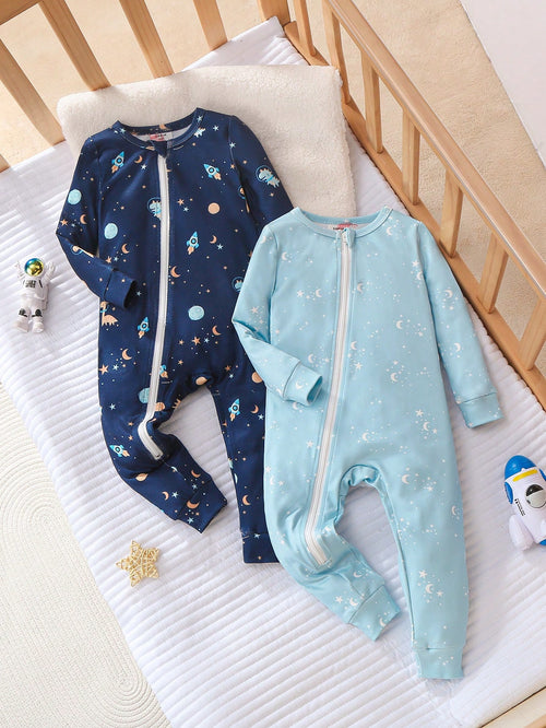 2pcs/Set Baby Boys' Snug Fit Space Theme Pajamas, Long Sleeve Jumpsuit, Light Blue & Navy Blue, Soft And Comfortable Material Fall Winter