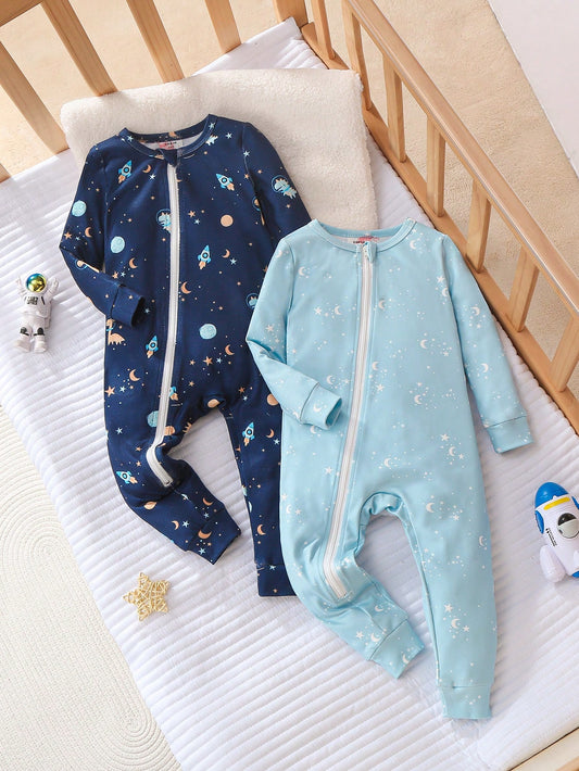 2pcs/Set Baby Boys' Snug Fit Space Theme Pajamas, Long Sleeve Jumpsuit, Light Blue & Navy Blue, Soft And Comfortable Material Fall Winter