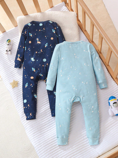 2pcs/Set Baby Boys' Snug Fit Space Theme Pajamas, Long Sleeve Jumpsuit, Light Blue & Navy Blue, Soft And Comfortable Material Fall Winter
