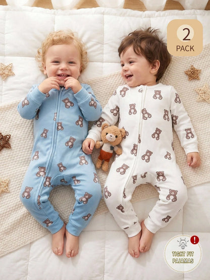 2pcs/Set Baby Boys' Snug Fit Space Theme Pajamas, Long Sleeve Jumpsuit, Light Blue & Navy Blue, Soft And Comfortable Material Fall Winter