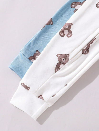 2pcs/Set Baby Boys' Snug Fit Space Theme Pajamas, Long Sleeve Jumpsuit, Light Blue & Navy Blue, Soft And Comfortable Material Fall Winter