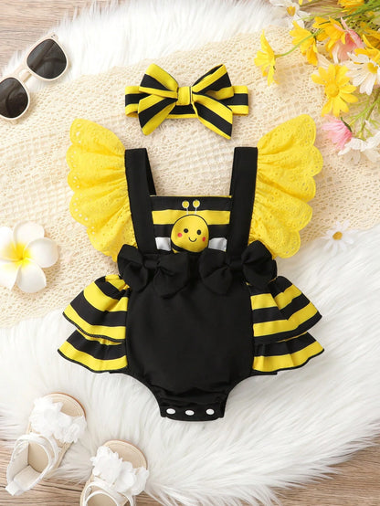 2pcs/Set, Baby Girl, Casual Elegant Cute, Fun Cartoon Bee Print, Bow Decoration, Embroidered Lace, Layered Ruffle Bodysuit And Headband, Baby Girl Clothing, Baby Girl Dress, Newborn Baby Girl Clothing