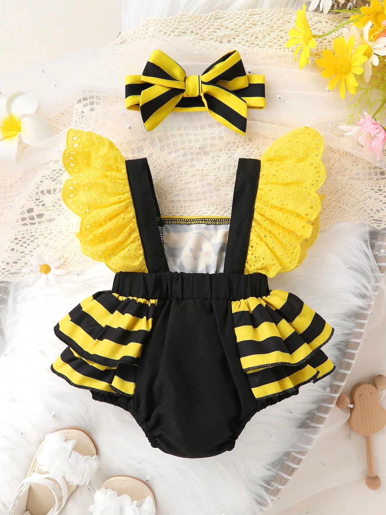 2pcs/Set, Baby Girl, Casual Elegant Cute, Fun Cartoon Bee Print, Bow Decoration, Embroidered Lace, Layered Ruffle Bodysuit And Headband, Baby Girl Clothing, Baby Girl Dress, Newborn Baby Girl Clothing