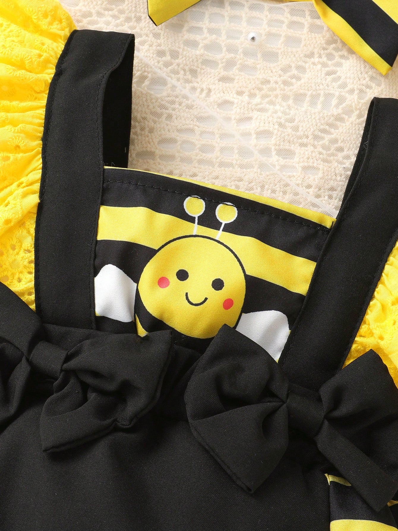 2pcs/Set, Baby Girl, Casual Elegant Cute, Fun Cartoon Bee Print, Bow Decoration, Embroidered Lace, Layered Ruffle Bodysuit And Headband, Baby Girl Clothing, Baby Girl Dress, Newborn Baby Girl Clothing