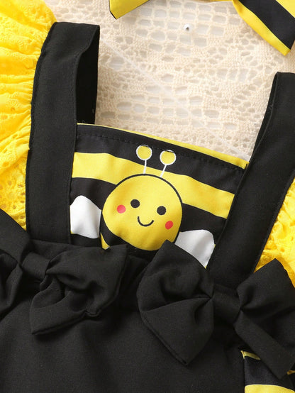 2pcs/Set, Baby Girl, Casual Elegant Cute, Fun Cartoon Bee Print, Bow Decoration, Embroidered Lace, Layered Ruffle Bodysuit And Headband, Baby Girl Clothing, Baby Girl Dress, Newborn Baby Girl Clothing