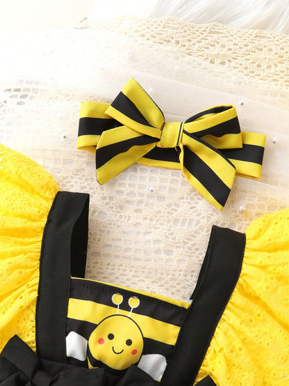 2pcs/Set, Baby Girl, Casual Elegant Cute, Fun Cartoon Bee Print, Bow Decoration, Embroidered Lace, Layered Ruffle Bodysuit And Headband, Baby Girl Clothing, Baby Girl Dress, Newborn Baby Girl Clothing