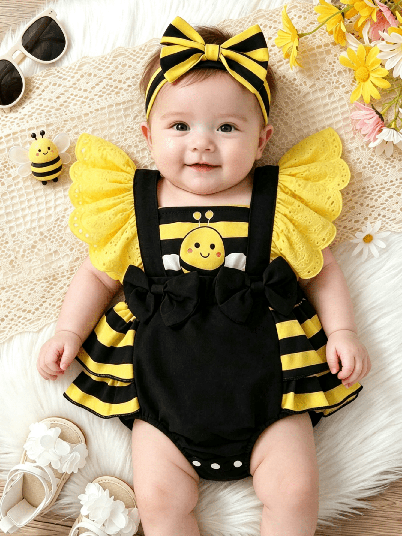 2pcs/Set, Baby Girl, Casual Elegant Cute, Fun Cartoon Bee Print, Bow Decoration, Embroidered Lace, Layered Ruffle Bodysuit And Headband, Baby Girl Clothing, Baby Girl Dress, Newborn Baby Girl Clothing