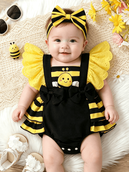 2pcs/Set, Baby Girl, Casual Elegant Cute, Fun Cartoon Bee Print, Bow Decoration, Embroidered Lace, Layered Ruffle Bodysuit And Headband, Baby Girl Clothing, Baby Girl Dress, Newborn Baby Girl Clothing