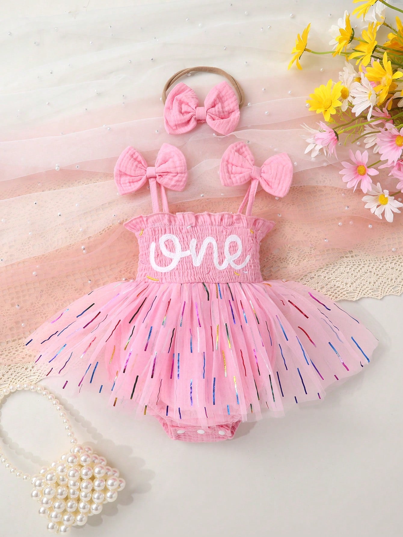 2pcs/Set, Baby Girl, Soft & Comfortable, Elegant & Cute, Letter Embroidery Bow Strap Tank Top Gradient Stripe Print Mesh Dress Romper And Headband, Baby Girl Clothing, Baby Girl Dress, Newborn Birthda