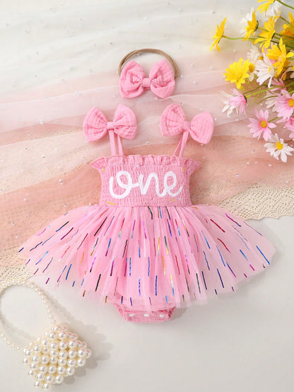 2pcs/Set, Baby Girl, Soft & Comfortable, Elegant & Cute, Letter Embroidery Bow Strap Tank Top Gradient Stripe Print Mesh Dress Romper And Headband, Baby Girl Clothing, Baby Girl Dress, Newborn Birthda