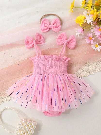 2pcs/Set, Baby Girl, Soft & Comfortable, Elegant & Cute, Letter Embroidery Bow Strap Tank Top Gradient Stripe Print Mesh Dress Romper And Headband, Baby Girl Clothing, Baby Girl Dress, Newborn Birthda