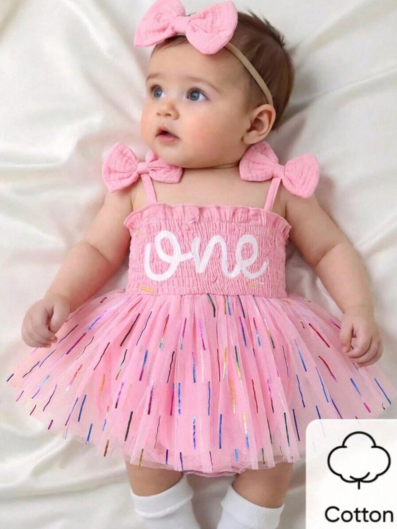 2pcs/Set, Baby Girl, Soft & Comfortable, Elegant & Cute, Letter Embroidery Bow Strap Tank Top Gradient Stripe Print Mesh Dress Romper And Headband, Baby Girl Clothing, Baby Girl Dress, Newborn Birthda