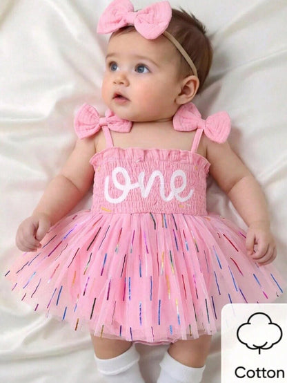 2pcs/Set, Baby Girl, Soft & Comfortable, Elegant & Cute, Letter Embroidery Bow Strap Tank Top Gradient Stripe Print Mesh Dress Romper And Headband, Baby Girl Clothing, Baby Girl Dress, Newborn Birthda