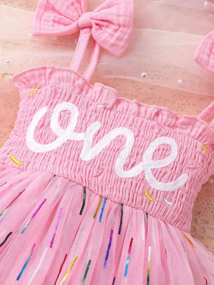 2pcs/Set, Baby Girl, Soft & Comfortable, Elegant & Cute, Letter Embroidery Bow Strap Tank Top Gradient Stripe Print Mesh Dress Romper And Headband, Baby Girl Clothing, Baby Girl Dress, Newborn Birthda