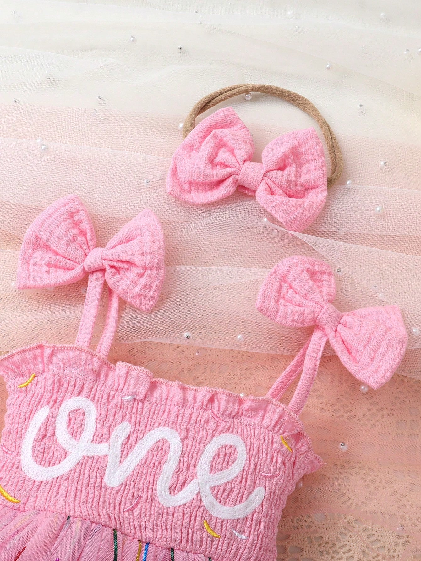 2pcs/Set, Baby Girl, Soft & Comfortable, Elegant & Cute, Letter Embroidery Bow Strap Tank Top Gradient Stripe Print Mesh Dress Romper And Headband, Baby Girl Clothing, Baby Girl Dress, Newborn Birthda