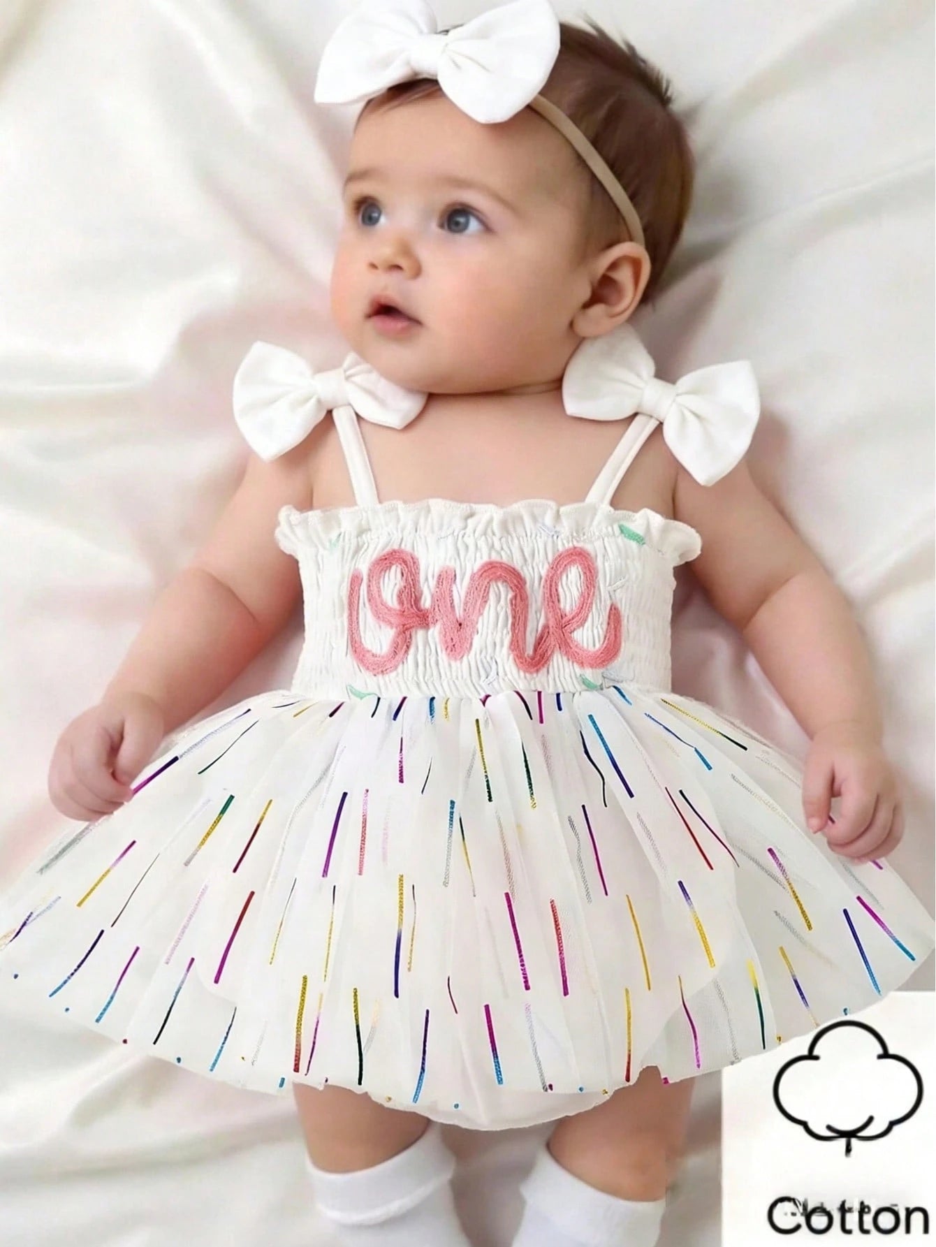 2pcs/Set, Baby Girl, Soft & Comfortable, Elegant & Cute, Letter Embroidery Bow Strap Tank Top Gradient Stripe Print Mesh Dress Romper And Headband, Baby Girl Clothing, Baby Girl Dress, Newborn Birthda