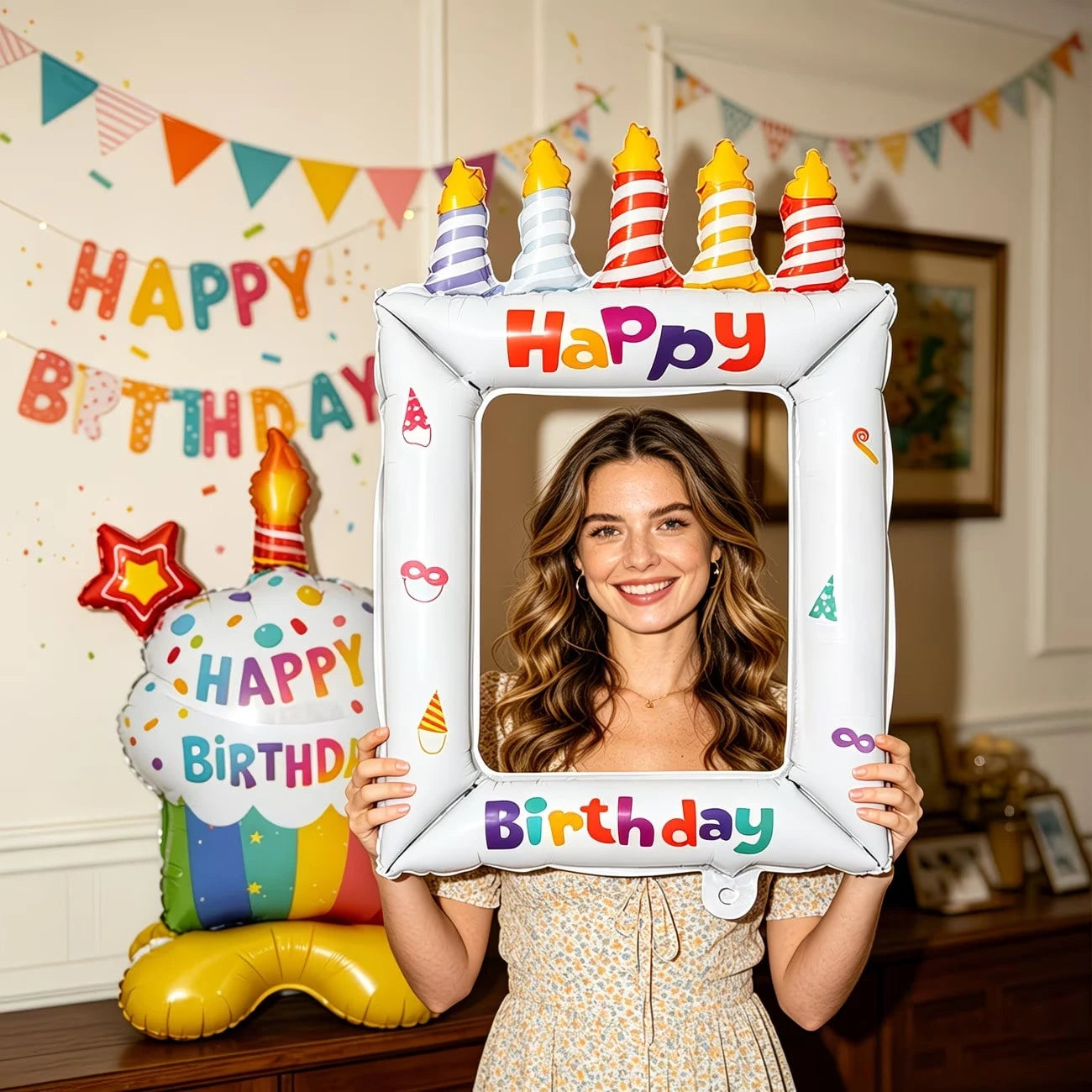 2pcs/Set Base Paper Cup Birthday Cake White Candle Cake Photo Frame Balloon Suitable For Birthday Party Decoration