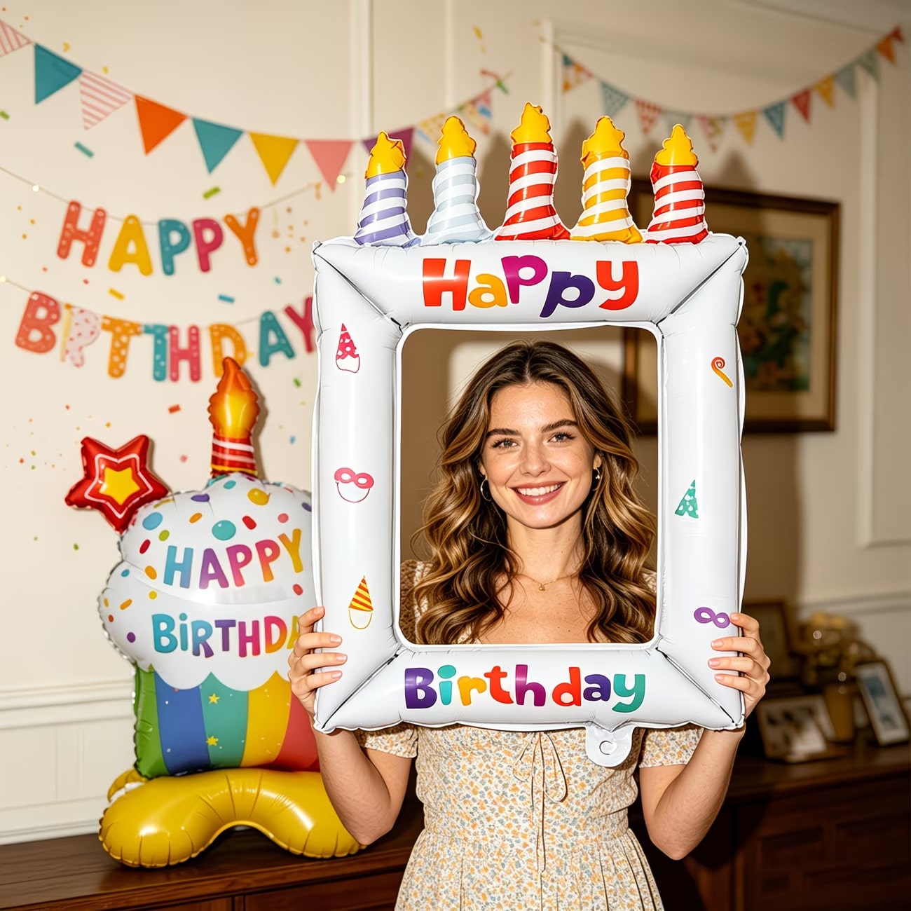 2pcs/Set Base Paper Cup Birthday Cake White Candle Cake Photo Frame Balloon Suitable For Birthday Party Decoration