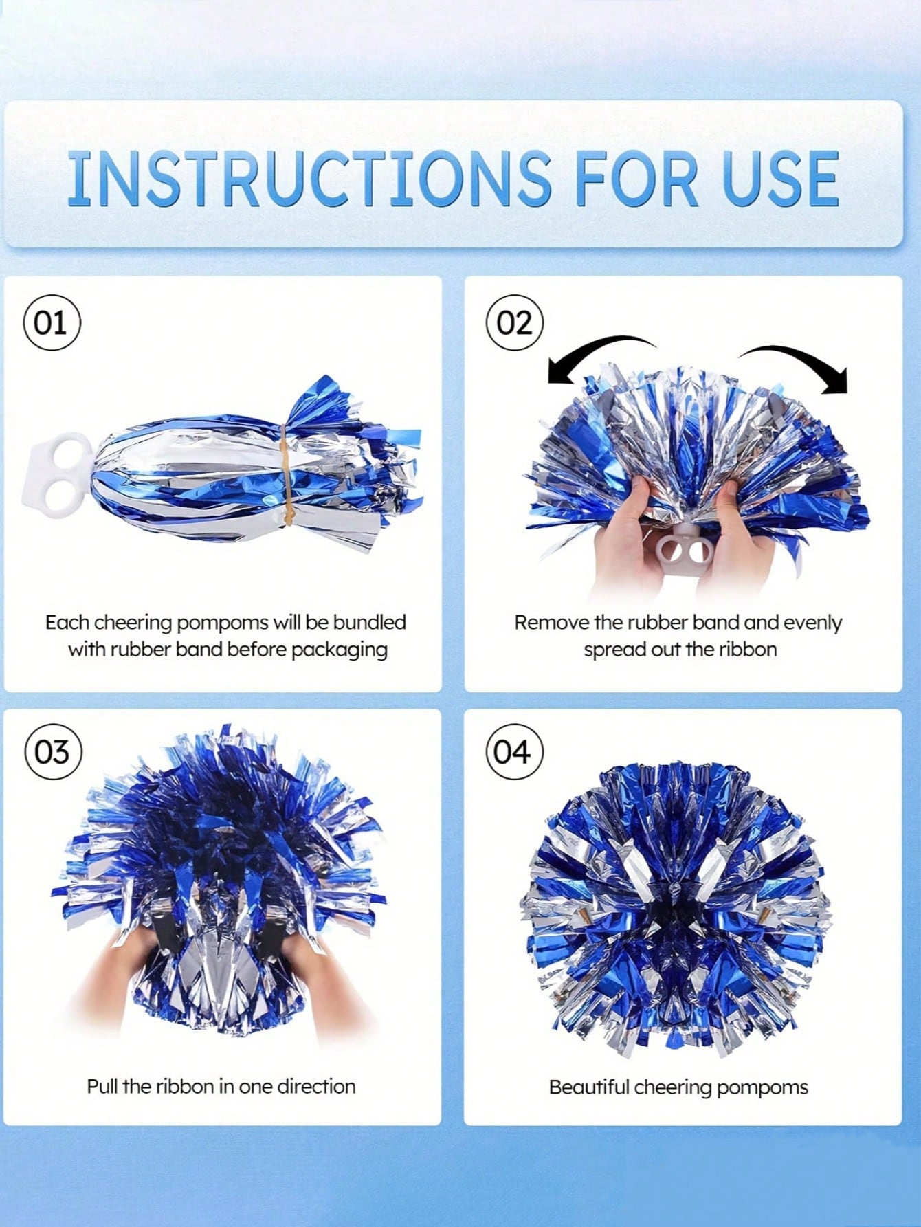 2pcs/Set Blue & Silver Pom Poms- High Index Plastic, Suitable For Dancing, Dance Accessories, Gymnastics, Sports Events And Festivals, Team Spirit Sports Cheering