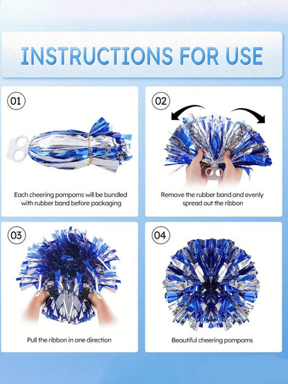 2pcs/Set Blue & Silver Pom Poms- High Index Plastic, Suitable For Dancing, Dance Accessories, Gymnastics, Sports Events And Festivals, Team Spirit Sports Cheering