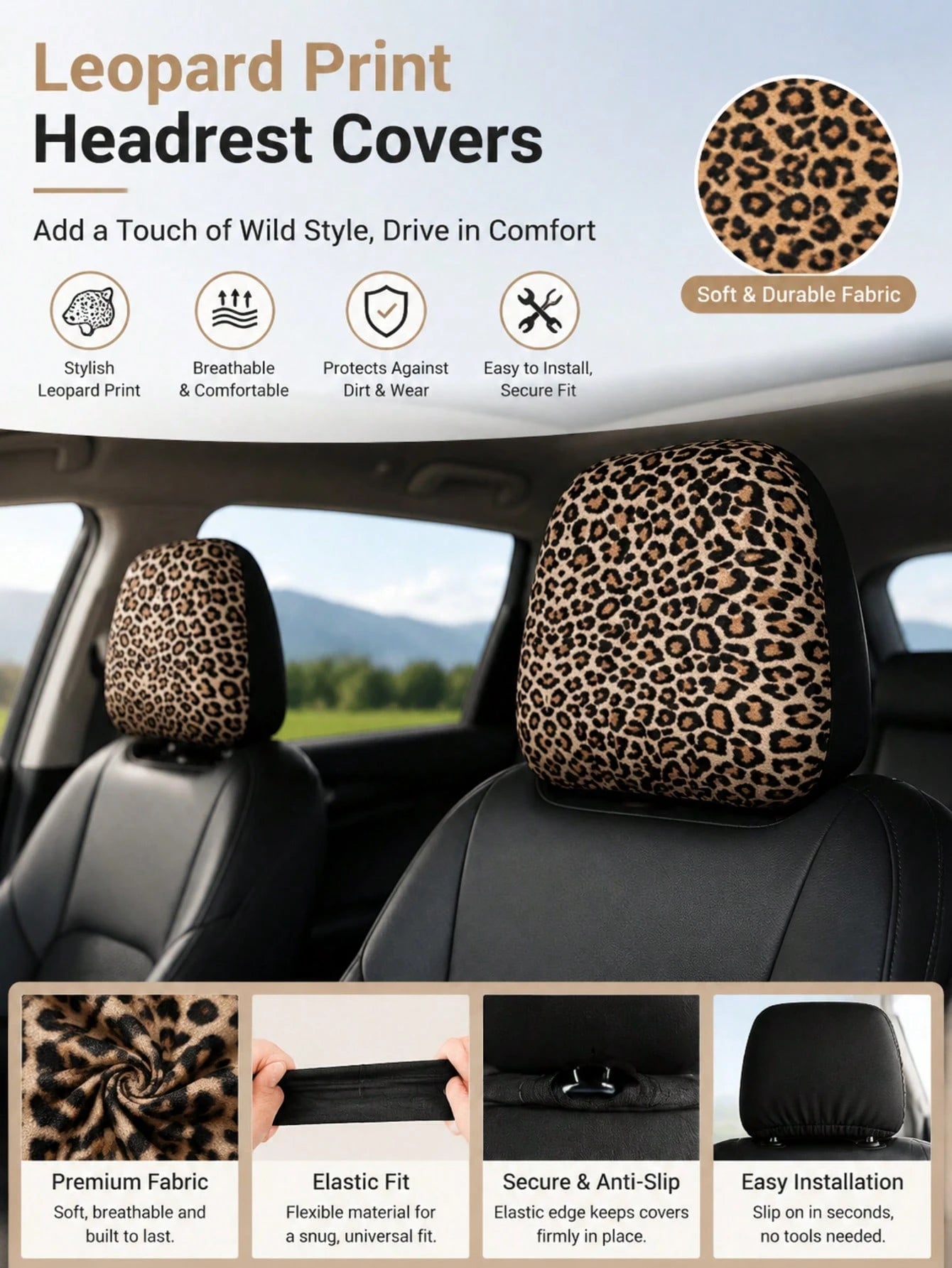 2pcs/Set Car Headrest Covers, Yellow Leopard Print Fabric Material, Car Accessories, Fashionable Animal Pattern Car Interior Decor, Universal Design, Suitable For Most Car Models, Dust-Proof, Washable