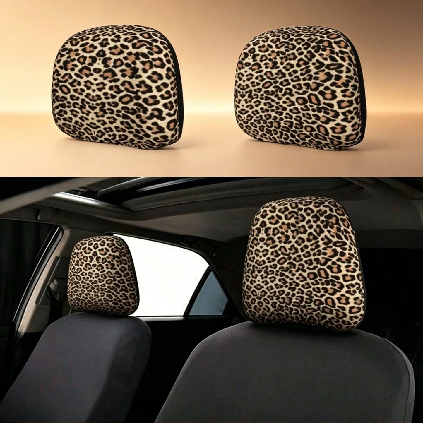 2pcs/Set Car Headrest Covers, Yellow Leopard Print Fabric Material, Car Accessories, Fashionable Animal Pattern Car Interior Decor, Universal Design, Suitable For Most Car Models, Dust-Proof, Washable