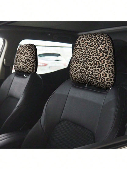 2pcs/Set Car Headrest Covers, Yellow Leopard Print Fabric Material, Car Accessories, Fashionable Animal Pattern Car Interior Decor, Universal Design, Suitable For Most Car Models, Dust-Proof, Washable
