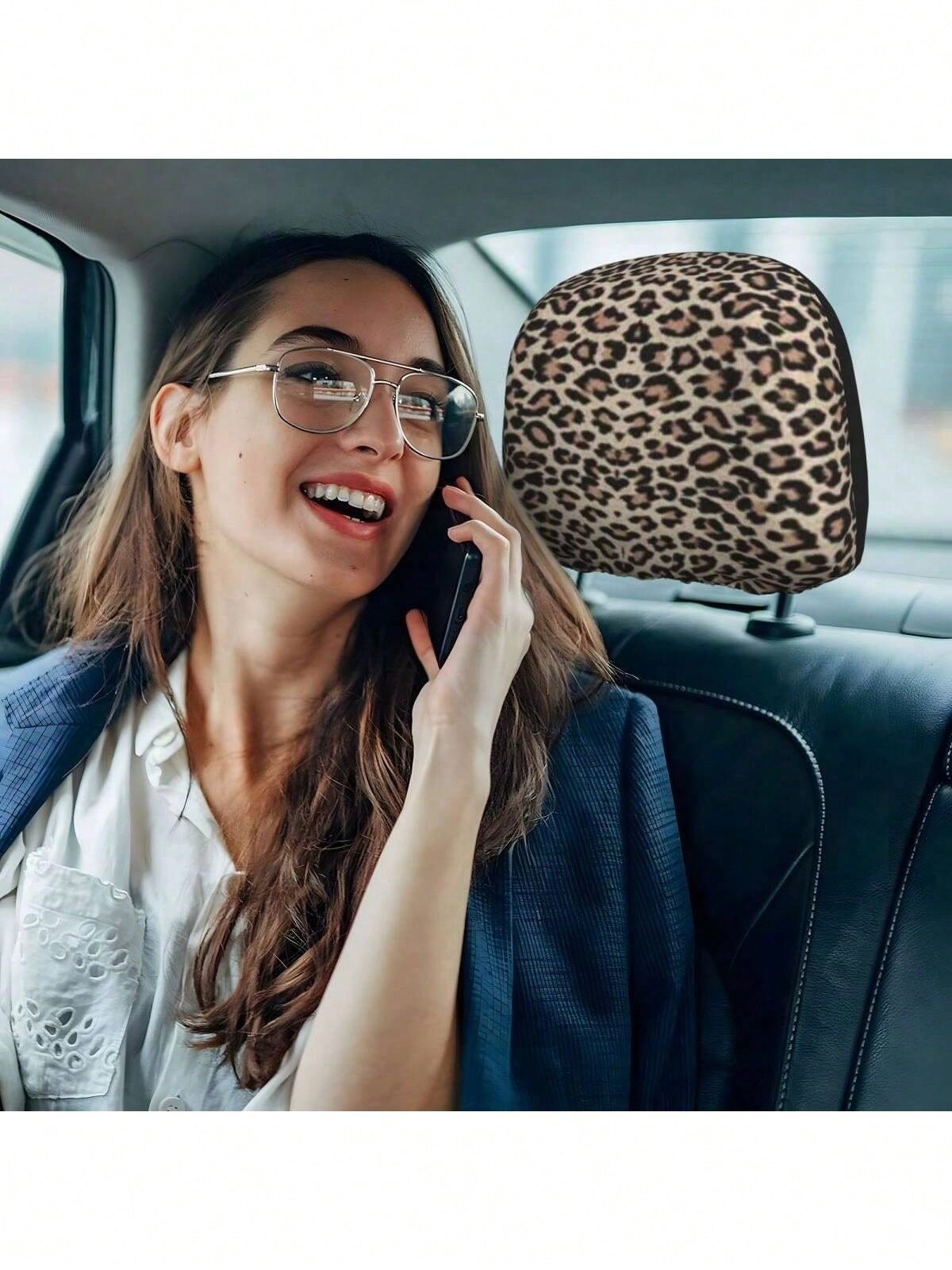2pcs/Set Car Headrest Covers, Yellow Leopard Print Fabric Material, Car Accessories, Fashionable Animal Pattern Car Interior Decor, Universal Design, Suitable For Most Car Models, Dust-Proof, Washable