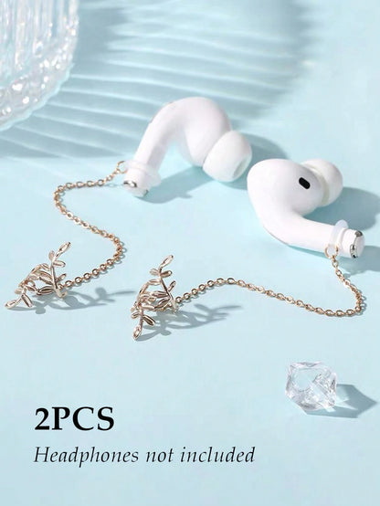 2pcs/Set Earphone Anti-Loss Chain, Anti-Drop Metal Leaf Minimalist Ear Chain Ear Cuff, Bluetooth Wireless Earphone Protective Ear Hook Ear Chain Ear Cuff Ear Hole, Earphone Anti-Loss Chain Wireless Co