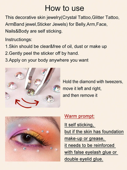 2pcs/Set Multi-Size Faux Crystal Silver Rhinestone 3D Face Jewel Stickers, For Festival Party, Daily Use, DIY Music Festival Makeup, Can Be Applied To Hair, Eyes, Face, Body,Concert Look,Face Gems